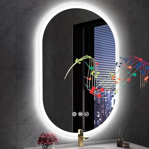 S'bagno Oval Bluetooth Bathroom Mirror with LED Lights 600x900mm, Anti-Fog, LED Bathroom Mirror with Memory, 3000K-6500K, Dimmable, HD Tempered Glass, IP44 Waterproof, Horizontal or Vertical