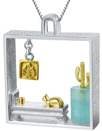 Springlight ✦Geschenke für Frauen S925 Sterling Silber Halskette Faule Katze zu Hause Anhänger mit Halskette Kettenlänge 43CM Naturstein Handgemachter Schmuck Geburtstagsgeschenk für Frauen.(Style1)