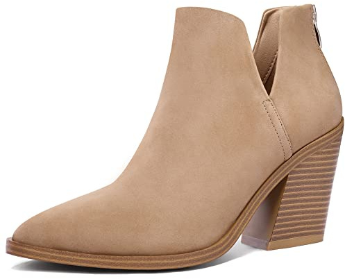 mysoft Women's Ankle Boots Slip on Cutout Pointed Toe Chunky Stacked Mid Heel Booties A18-22D-WLAX0407-9M