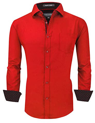 Alex Vando Mens Dress Shirts for Adult Wrinkle Free Regular Fit Stretch Rayon Bamboo Button Down Shirt, Red, Medium