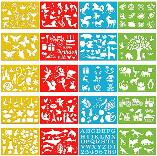 Qpout 20 teilige Farb Zeichenschablonen für Kinder, 300+ Muster Tiere Einhorn Dinosaurier Malvorlagen Malvorlagen für Geburtstagsfeiern, Kleinkinder Vorschule Malwerkzeug, DIY Kreativitätskit