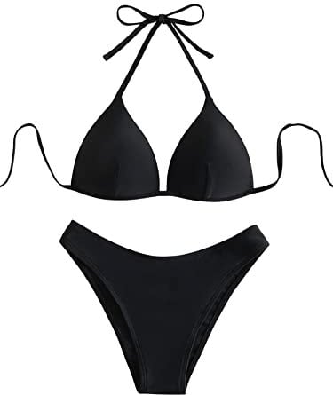GORGLITTER Damen Push Up Bikini Sets Triangel Bademode Neckholder Swimsuit Zweiteiligwe Badeanzug Schwarz XS
