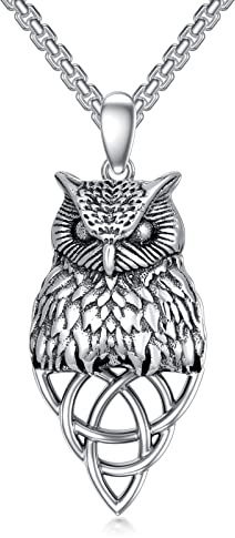 WINNICACA Eule Keltische Silber Halskette für Frauen und Männer, Eule Anhänger, 22 cm Kettenlänge, 925 Sterling Silber, Hypoallergen, Geschenkbox enthalten