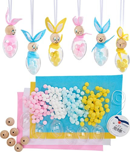 VBS Bastelset Acryleier Hasen aus Holzkugeln Filz Pompons 6 Stück 12-14cm Osterdeko Kreativ-Set