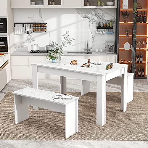 Merax Dining Table with 2 benches Dining Table Set for Kitchen, Dining Room, Small Space Artificial Marble（White）