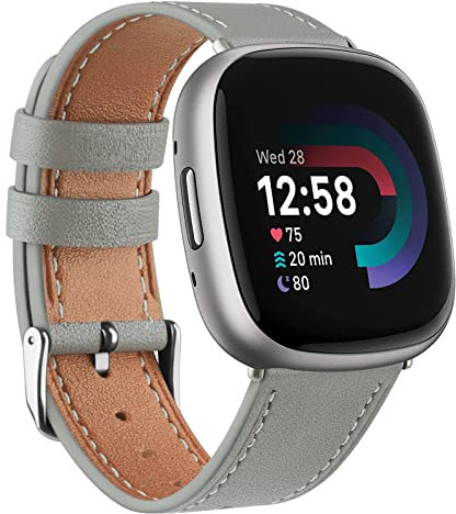 Lederarmbänder für Fitbit Versa 4, Versa 3, Sense 2 und Sense – Echtleder-Ersatzband für Damen und Herren, Grau