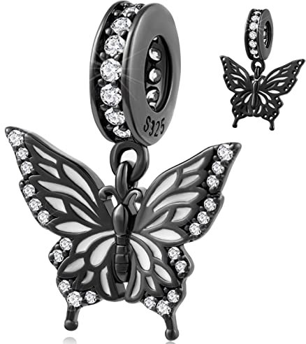 Gun Black Schmetterling Charms passen Pandora Insekt Armband, 925 Sterling Silber Butterfly Anhänger Fliege Schmetterlinge Perle mit CZ, Geschenke für Valentinstag/Enkelin/Nichte