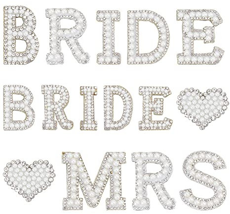 FINGERINSPIRE Perlen Braut Aufnäher Zum Aufbügeln/Aufnähen Buchstaben Herz Applikation Strassstein Englischer Buchstabe Bride MRS Perlen Glitzer Alphabet Applikation Für Hochzeitskleid Stoffdekor