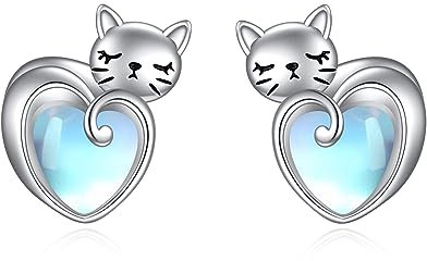 Katze Ohrringe für Damen Mädchen 925 Sterling Silber Mondstein Ohrstecker Tier Geschenk Katze Schmuck