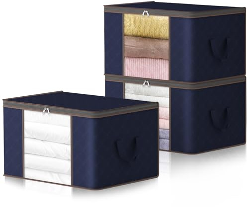 Lifewit 120L Clothes Storage Boxes, Large Moving Boxes Storage Bags Packing Boxes for Moving House with Reinforced Handle Clear Window for Clothing Bedding Comforters, 3 Pack, Dark Blue