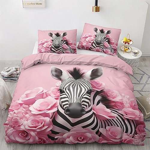 GEDAEUBA Zebra Bettwäsche 155x220 - Rosa Blumen Bettbezug 155x220 3 teilig, Wendebettwäsche und Kissenbezug 80x80, Weiche & Angenehme & Atmungsaktive Mikrofaser Bettwäsche-Sets mit Reißverschluss