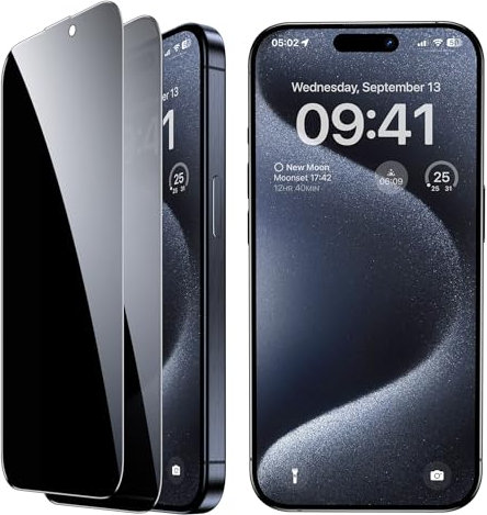 BENKS 2 Stück Sichtschutz für iPhone 15 Pro für Panzerglas Anti-Spähen Schutzfolie, HD Blickschutzfolie, 9H Härte, Anti-Kratzer, Bläschenfrei