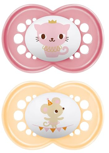 MAM Original Glow-in-the-Dark Dummies, 6-18M, 2 Pack, Orthodontic Design | SkinSoft Silicone Teat, Comes in Dummy Steriliser Case, Sustainable Materials, Baby Accessories, Pink (Designs Vary)