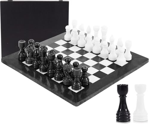 Marble Chess Set for Adults 15 Handmade Black & Coral Board Game with 32 Chess Pieces, 2 Extra Queens & Storage Box, Luxury Travel Game, Elegant Gift for Home Decor (Black & White)