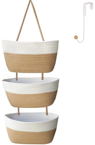 ililmmoe Over the Door Hanging Basket for Organizing 3 Tiers Woven Cotton Rope Wall Mount Storage basket Decorative Kitchen Hanging Organizer Bathroom include 1 door hook Flaxen+White
