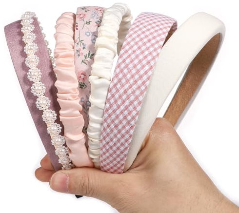 7 Stück Süße Stirnbänder für Frauen Mädchen, Rutschfest Blumen und Gepolstertes Haarband Stilvolles Perlen-Handband Vintage Rosa Weiß Gedreht Kariertes Haarband Haarschmuck