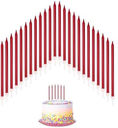 24 PCS Birthday Candles for Cakes, Cake Sparklers with Holders, 13.5CM Long, for Baby Birthday Wedding Party Decoration, Red
