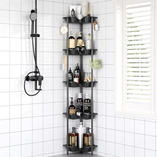 OriwarE 5-Stück Duschablage ohne Bohren Stehende, Kunststoff-Metall Patchwork Boden Lagerregal mit 4 Haken, Rostbeständig Ecke Duschregal, Schwarz