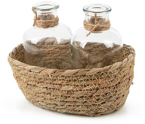 Logbuch-Verlag 2 kleine Tischvasen im Körbchen Essig und Öl Vasen aus Glas 16,5 x 13,5 x 10 cm Tischdeko für alle Feste