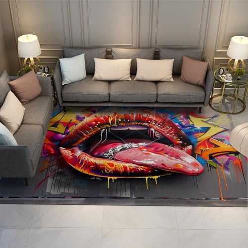 HOBBOY Hippie Graffiti Bereich Teppiche Street Art Rote Lippen Muster Teppich für Wohnzimmer Spielzimmer Schlafzimmer Indoor Boden Teppich Haustür Matte 160 x 200 cm