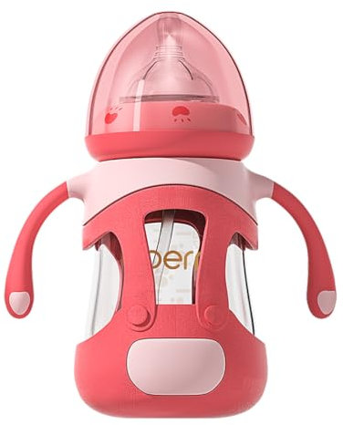 Oberni Glas Baby Babyflaschen 240ml mit Silikon Sauger für Neugeborene ab 6 Monat, Anti-Colic Milchflasche mit Luftfrei Beschwerter Strohhalm, Griffe und Ärmel, Rot