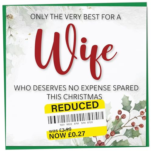 Lustige Weihnachtskarte für Ehefrau mit reduziertem Aufkleber, Stechpalmen- und Efeu-Design, Weihnachtskarte für Ehefrau, humorvolle Karte für sie, witziges Geschenk für Ehefrau, 148 mm