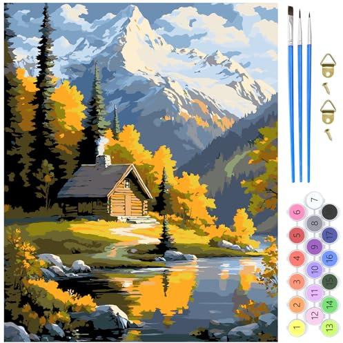 MXJSUA Peinture par Numéros pour Adulte, Cabane Montagnes DIY Peinture Acrylique pour Adultes Débutants Facile sur Toile 40×50 cm avec peintures et pinceaux (sans Cadre)