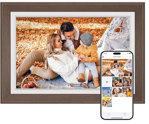 Dragon Touch 10.1'' WiFi Digitaler Bilderrahmen – HD IPS Touchscreen, Auto-Rotate, Sofortiges Teilen von Fotos/Videos, 32GB Speicher Familie und Freunde-Braun