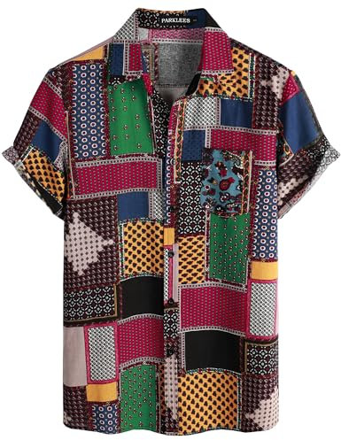 PARKLEES Men's Linen 70s Hippie Style Floral Print Shirt Short Sleeve Button Down Hawaiian Shirts Black Red X-Large
