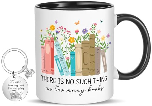 CNSJ Book Lover Gifts Books Coffee Mug with Bookworm Keychain Bookish Water Cup Keyring for Writers Librarian Bibliophile Reader Lover Gifts