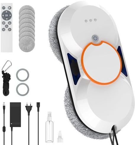 Robot Limpiacristales, 5600Pa Limpia Cristales Electrico Ventanas con Doble Pulverización de Agua, 3 Modo Limpieza, Mando a Distancia, Detección Inteligente, Seguridad Anticaídas＆8 Paños, para Ventana
