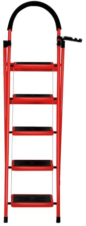 Escabeau Pliable, Escabeau 5 Marches avec Plateforme de Travail, Larges Marche Pied Pliable Antidérapantes, Tabouret en Acier Marche Pied Adulte,Charge 180 kg,152 x 87 x 39 cm – 5 étapes (Rouge)