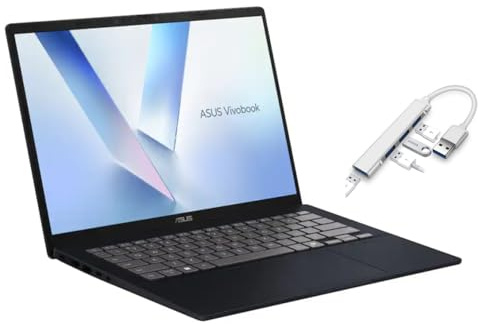 ASUS Vivobook 14 FHD+ Laptop Copilot+ PC |Snapdragon X X1-26-100 |Qualcomm Adreno Graphics|Camera|Blue| 16GB RAM DDR5 | 512GB SSD | Windows 11 Home | Bundle with USB 3.0 Hub