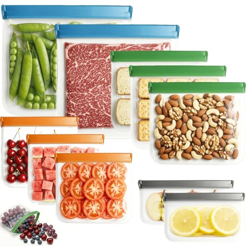 10 Pack Reusable Silicone Food Storage Bags,Freezer & Dishwasher Safe Leakproof Reusable Food Bags,Reusable Freezer Ziploc Bag for Storage,Lunch Bag for Sandwich Snack,4 Sizes,4 Colors