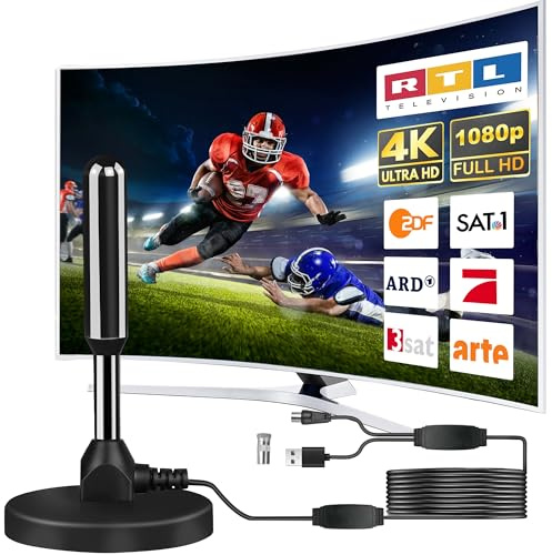 DVB-T2 Antenne mit Verstärker für Innen – Zimmerantenne für Fernseher, DVB-T/T2, TV Antenne 4K UHD Full HD, 360° Empfang bis 500 km, kostenlose Sender