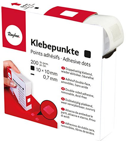 Rayher Hobby 30057000 Klebepunkte, transparent, 10 x 10 mm, 0,7 mm, Rolle 200 Stück in Spenderbox, doppelseitig klebend, quadratisch, wieder ablösbar, säurefrei, lösungsmittelfrei