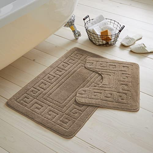 De Lavish Bath Mat Set 2 Piece Non Slip Rubber Pedestal and Bath Mat Set Toilet Greek Bathroom Rug New (Latte)