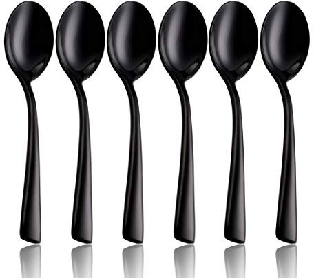 OMGard Kaffeelöffel-Set, schwarz, 6-teilig, 18/8 Edelstahl, 12,7 cm, Teelöffel, Dessertlöffel, Demitasse-Löffel, Service für 6 Besteck, Utensilien, Abendessen, spülmaschinenfest, hochglanzpoliert
