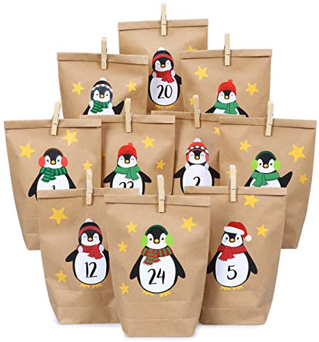Papierdrachen DIY Adventskalender Kraftpapier Set - Pinguine zum Aufkleben - mit 24 braunen Papiertüten zum selbst Befüllen und zum Selbermachen - Weihnachten
