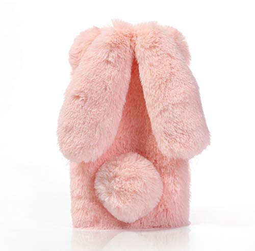 Yobby Niedlich Weich Faux Pelz Handyhülle für Huawei P20 Lite, Plüsch Hülle,Hase Ohr Winter Warm Flauschig Schutzhülle Stoßfest Backcover mit Handgefertigt Bling Kristall Strass-Rosa