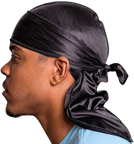 Veeta Superior Silk Durag – Glatte Seide Durag für Damen und Herren, lange doppelt breite Träger, Außennaht, Dreifachstich-Du Rag, Black Widow, Einheitsgröße