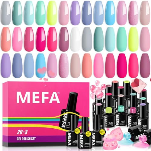 MEFA Gel Nail Polish Set 23 Pcs, Soak Off Nail Gel Polish Pink Blue Purple Colors Nail Art