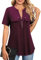 Amrto Damen V-Ausschnitt Shirt Kurzarm T-Shirt Casual Bluse mit Reißverschluss Tunika Tops, Wein L