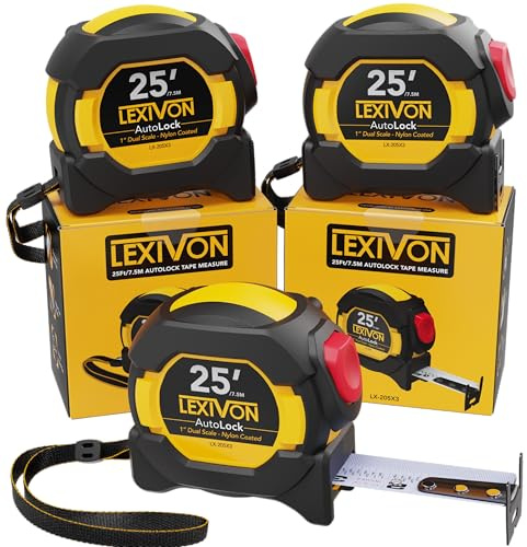 LEXIVON AutoLock-Maßband, 7,5 m, 2,5 cm breite Klinge mit Nylonbeschichtung, mattes Finish, weiß und gelb, doppelseitiger Linealdruck, Zoll/Brüche/metrisch (LX-205 x 3)