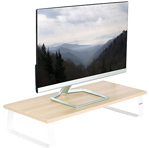 VIVO 24 inch Monitor Riser, Wood and Steel Desktop Stand, Screen, Keyboard, Laptop, Small TV, Ergonomic Desk and Tabletop Organizer, Light Wood and White, STAND-V000WM