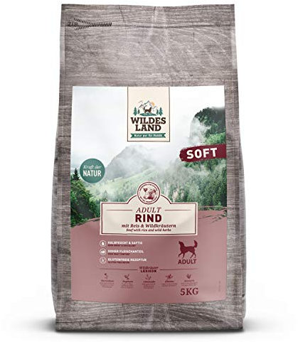 Wildes Land - Halbfeuchtes Trockenfutter für Hunde - Rind - 5 kg - Soft mit Reis und Wildkräutern - Glutenfrei - Extra viel Fleisch - Für alle Hunderassen - Beste Akzeptanz