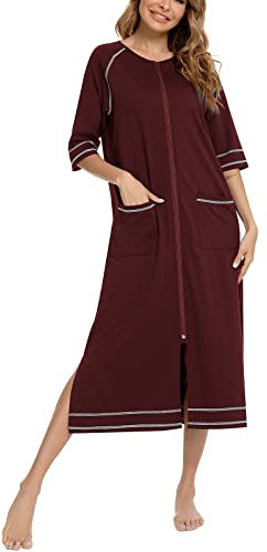 Rubehoow Zipper Housecoats for Women Half Sleeve Summer Maxi Nightdress Soft Cotton Lounger Momo Housedress M