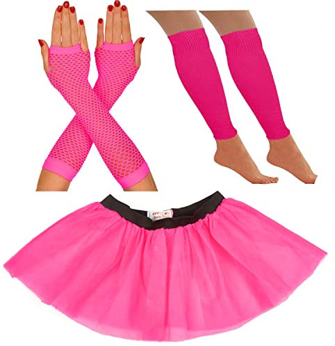 80s Fancy Dress for Women - Neon Tutu Skirt & Leg Warmers, Fishnet Gloves, Rave Retro Outfit (14-22 UK, Pink)
