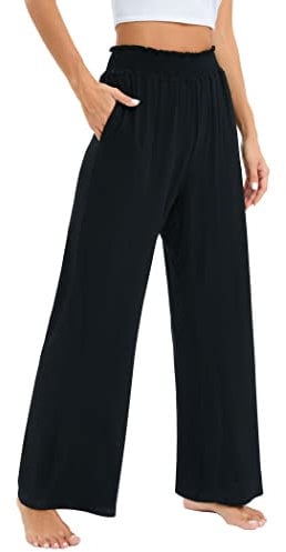 Famulily Women's Wide Leg Pull On Trousers Work Office Casual High Waisted Lounge Pants with Pockets Black L