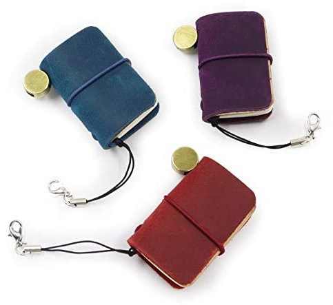 3 Colors Mini Size with Leather Cover and Strap, Refillable Personalized Tiny Travel Journal 1.9 x 1.3in(4.8 x 3.2cm), Blank Pocket Diary (Blue, Red, Purple)